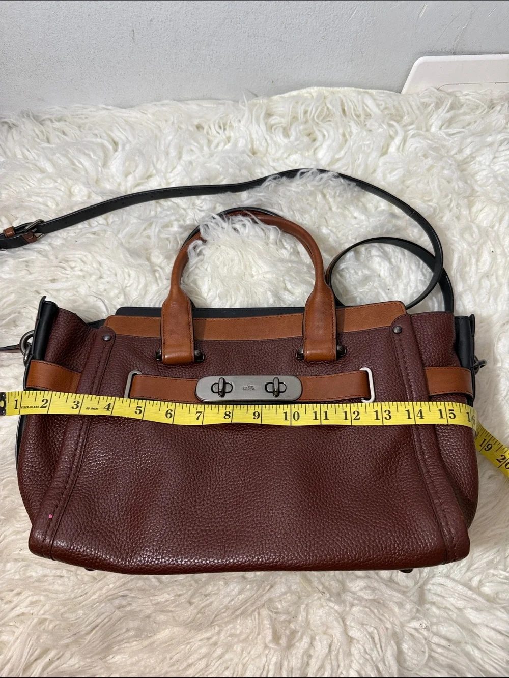 Coach Swagger Saddle & Mahogany Leather Satchel Handbag with Tan Accents medium